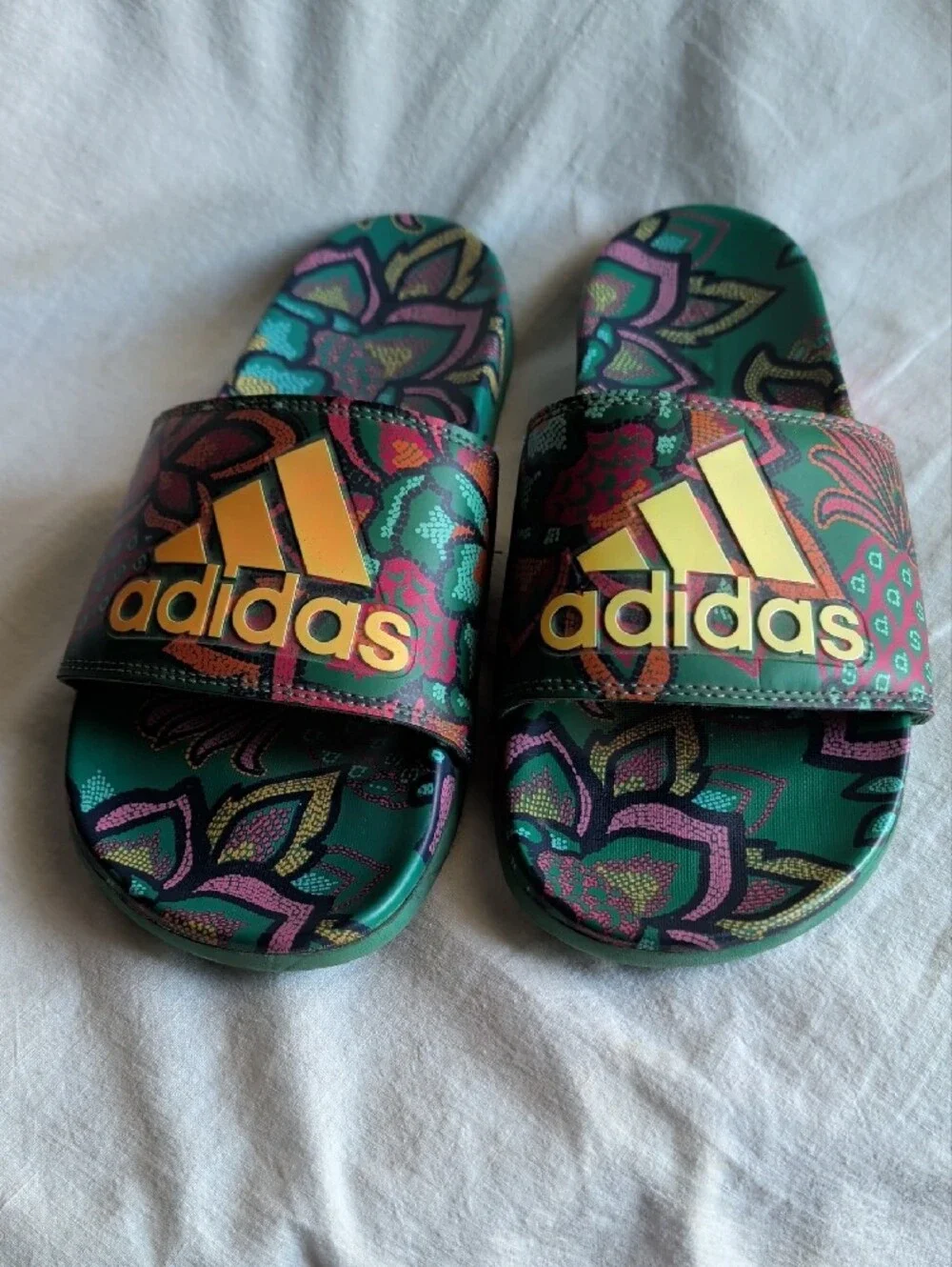 adidas Green Floral Pattern Kids Slide Sandals with Yellow Logo